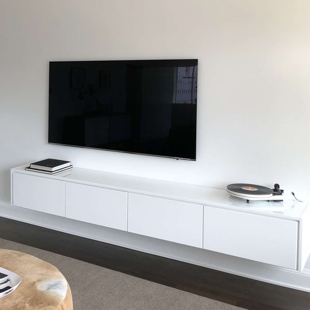 White high gloss melamine TV area with push-to-open doors
