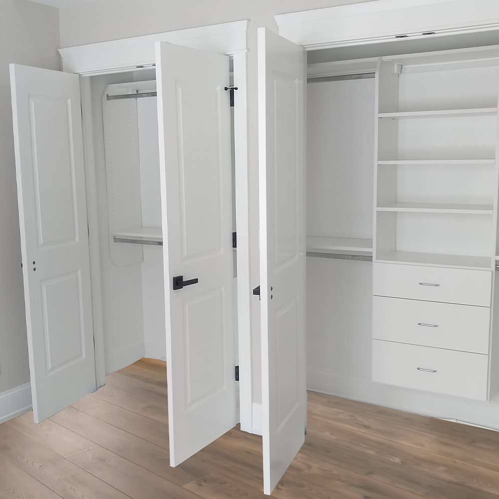 White melamine with Flat fronts, square chrome handles, and suspended closet