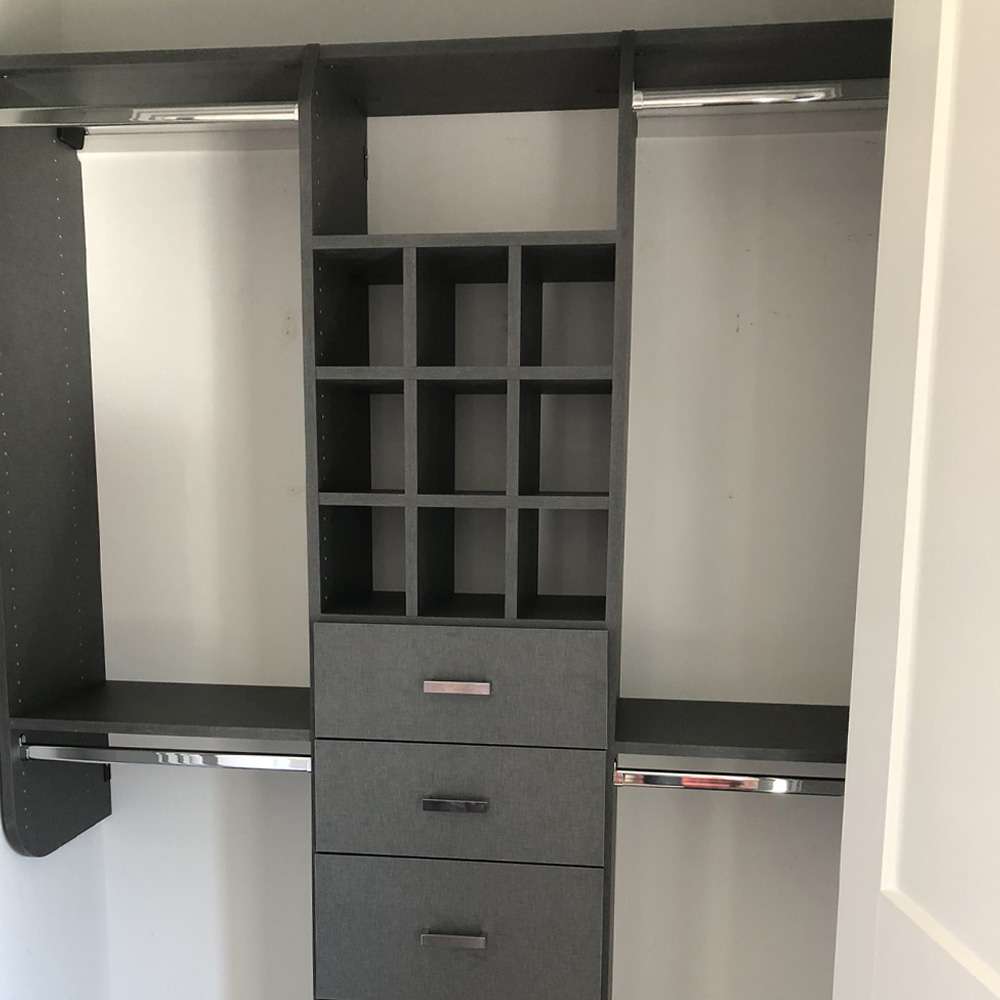 Chino melamine with Flat fronts, Metro chrome handle with shoe cubbies, and hybrid closet